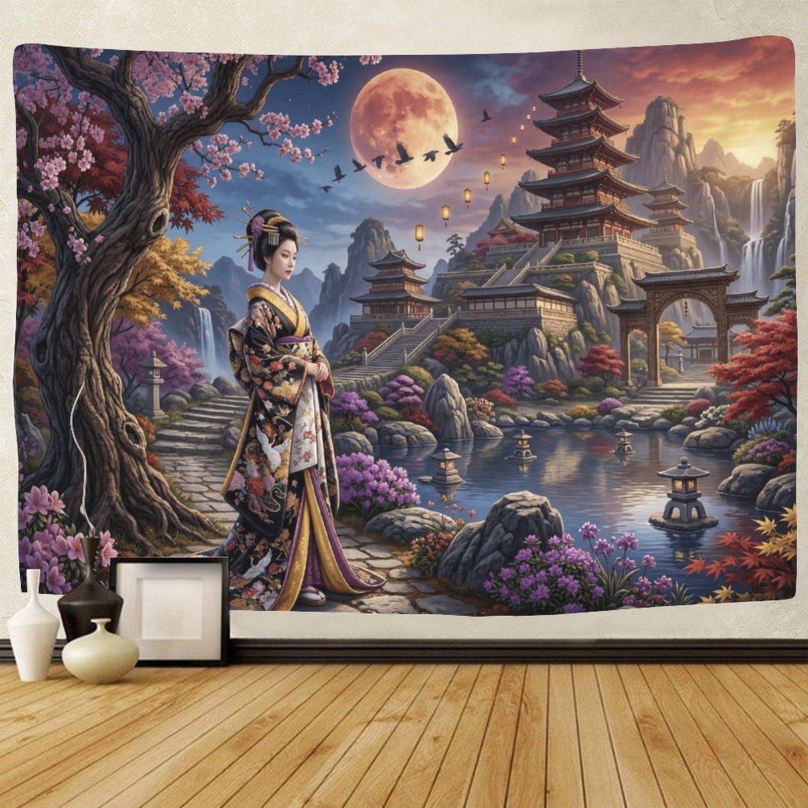 GPMNBCXZK Japanese Geisha Wall Tapestry Home Decor Living Room Bedroom 3D Printed Traditional Pagoda Wall Art 70cmx100cm