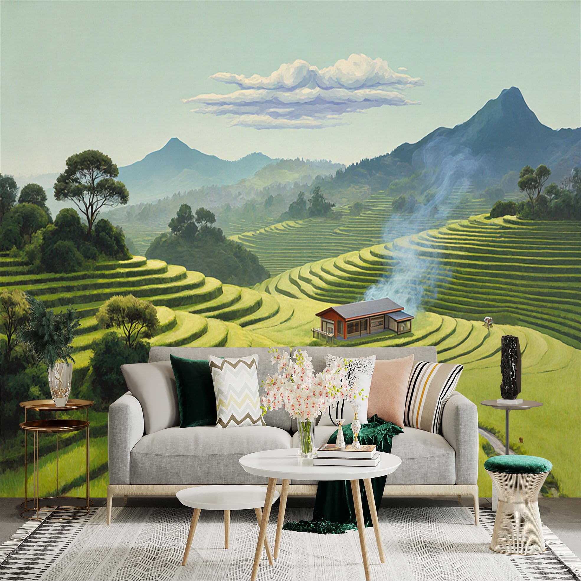 Lnzczhyre Xc260505024 Custom Size Wall Sticker Mural， Green Rice Terraces Landscape， Rural Mountain Farmhouse， Picturesque Valley Scenery， Peaceful Nature View， For Wall Decoration， Peelandstick Wall Decals.