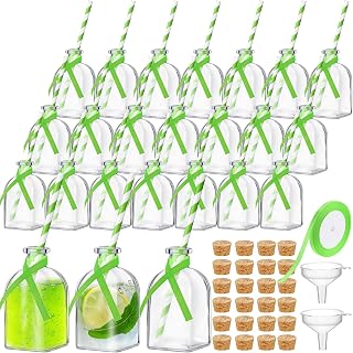 Baderke 24 Set 4 oz Glass Patron Reusable Cups with Cork and Straw Mini Patron Bottles Empty Glass Bottle for Drinks with Silk Ribbon and Funnels for Wedding Party Decoration(Green)