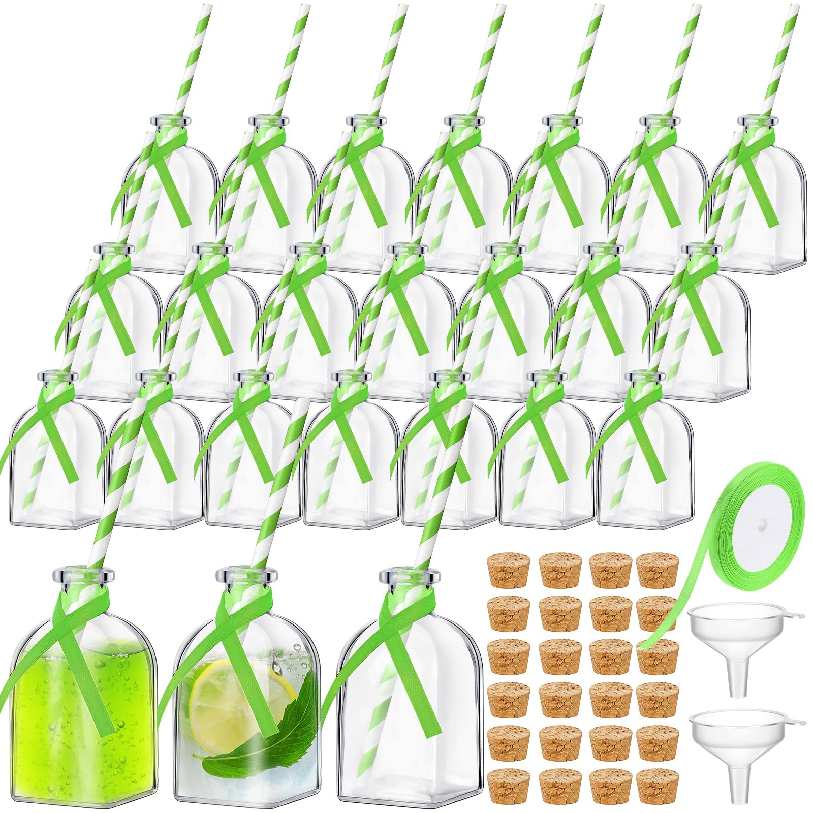 Baderke 24 Set 4 oz Glass Patron Reusable Cups with Cork and Straw Mini Patron Bottles Empty Glass Bottle for Drinks with Silk Ribbon and Funnels for