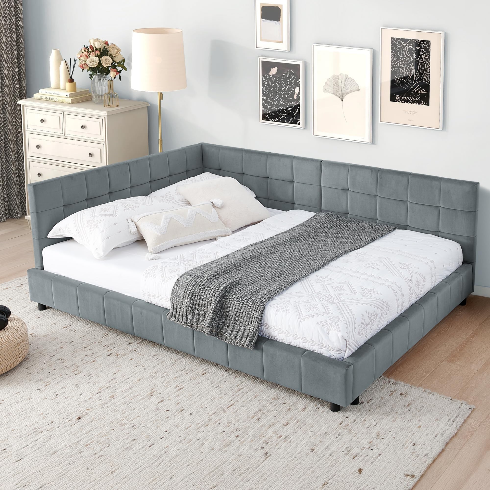 full size daybed l-shaped, modern velvet upholstered sofa day bed frame with wood slats for living room bedroom guest room, no box spring needed, grey, incomplete box 2 of 2 only! 