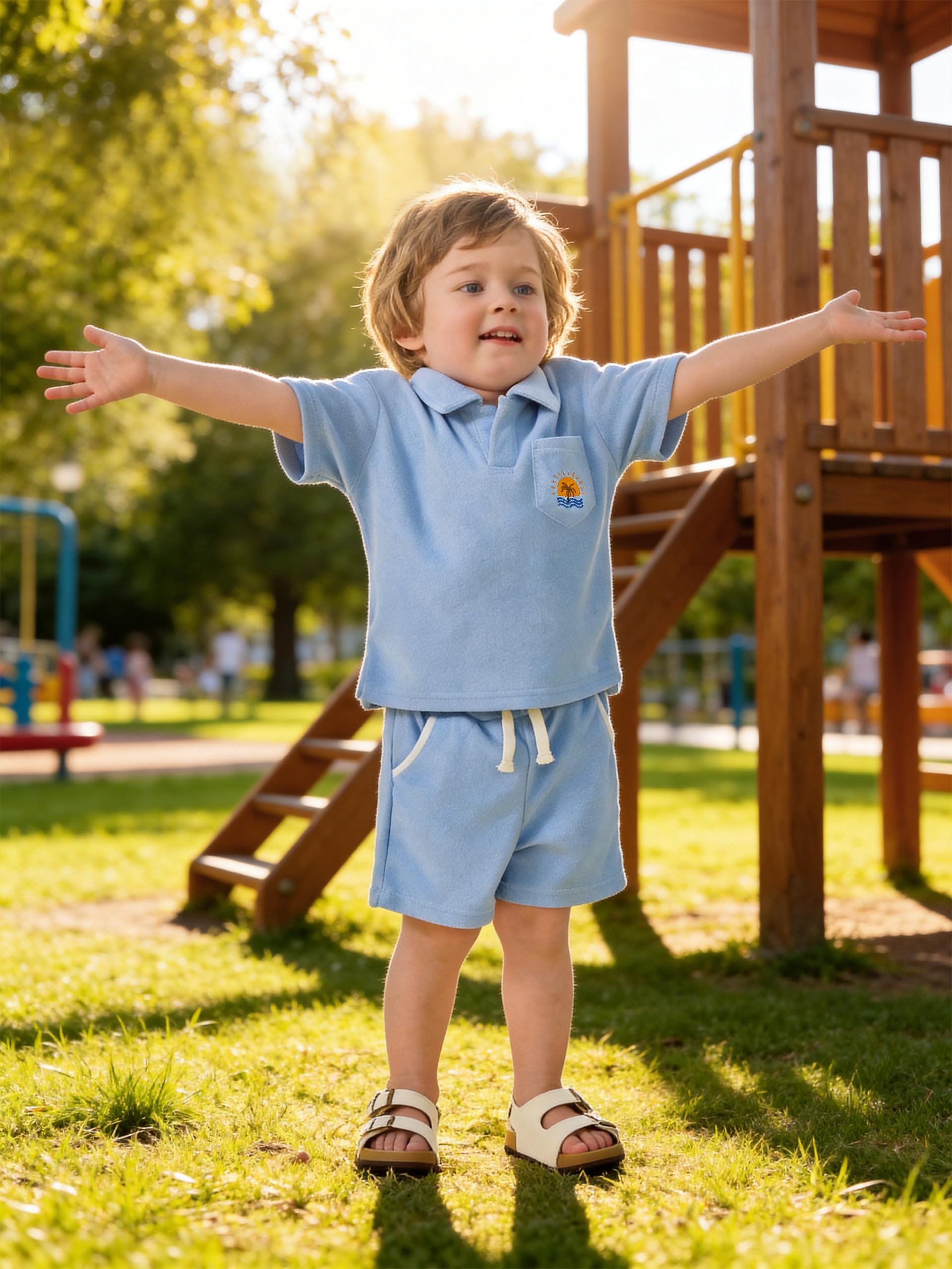 Volunboy Jungen Frottee Sommer Set, Möwenkragen Shirt & Shorts mit elastischem für Outdoor & Alltag - 4