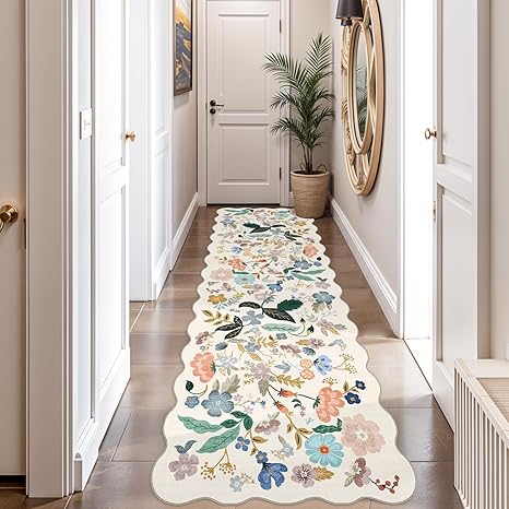 2x10 Washable Hallway Runner Rug: Long Floral Scalloped Soft Runners for Kitchen Entry Thin Non Slip Bathroom Nursery Floor Mat Water Resistant Low Pile 10ft Carpet for Living Room Bedroom(2x10,Cream)