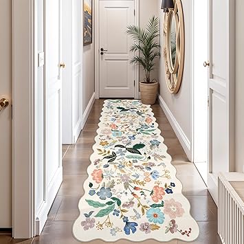 2x10 Washable Hallway Runner Rug: Long Floral Scalloped Soft Runners for Kitchen Entry Thin Non Slip Bathroom Nursery Floor Mat Water Resistant Low Pile 10ft Carpet for Living Room Bedroom(2x10,Cream)