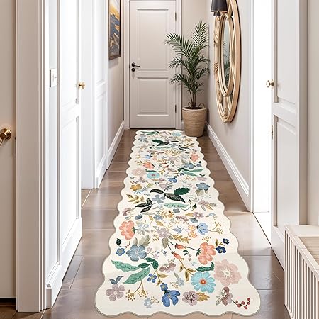 2x10 Washable Hallway Runner Rug: Long Floral Scalloped Soft Runners for Kitchen Entry Thin Non Slip Bathroom Nursery Floor Mat Water Resistant Low Pile 10ft Carpet for Living Room Bedroom(2x10,Cream)