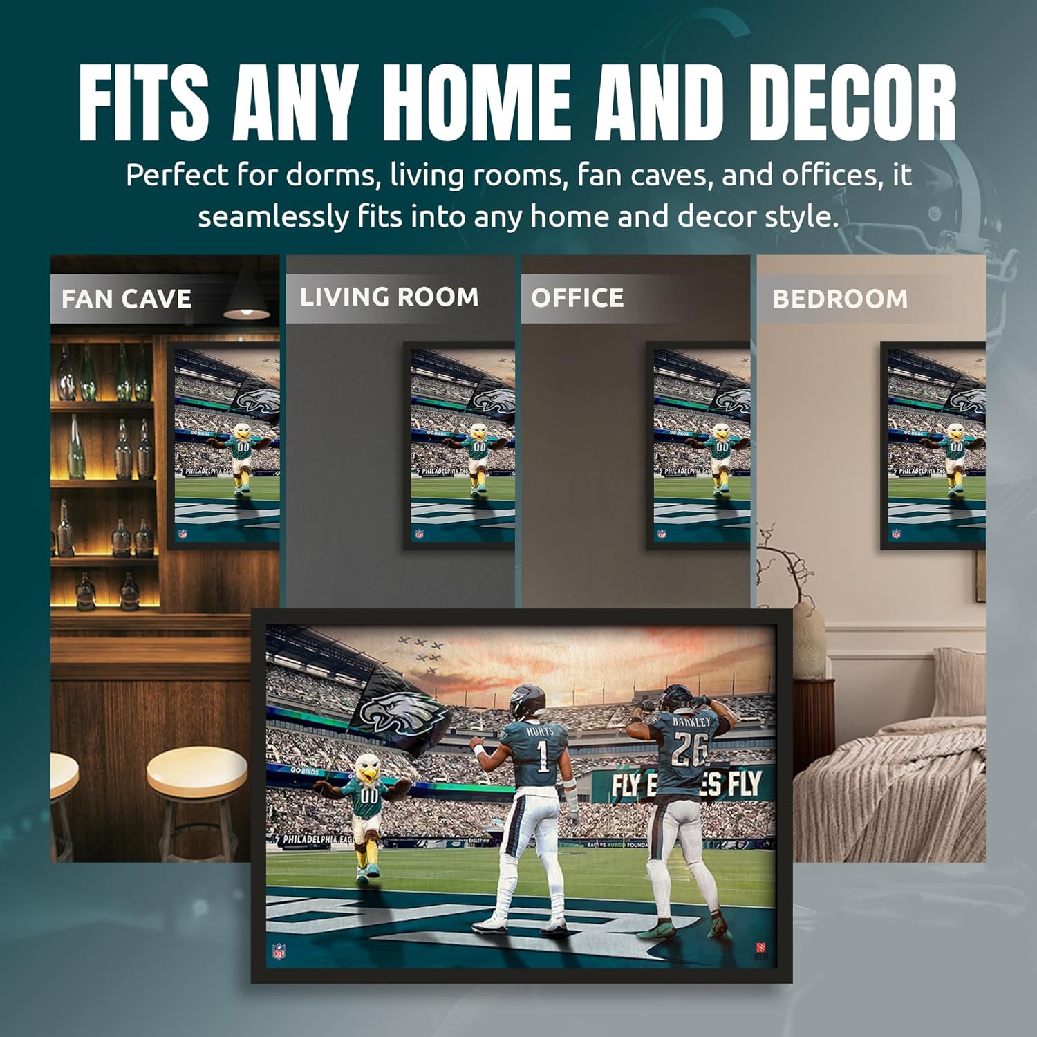 Sporticulture NFL American Football Framed Wall Art - Philadelphia Eagles - DeVonta Smith - Jalen Hurts - Picture Poster for Boys Bedroom and Man Cave Decor, Ready to Hang, Green 14" x 20", Small