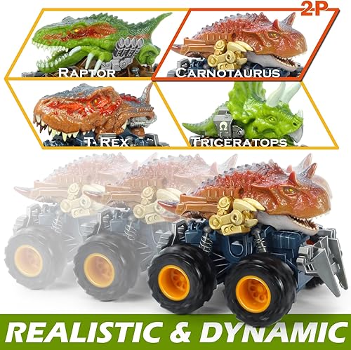 Miniatura 3 de Oriate Carros de juguete ATV de dinosaurio accionados por fricción para niños, camión monstruo Carnotaurus con brazo robótico, fantástico cumpleaños