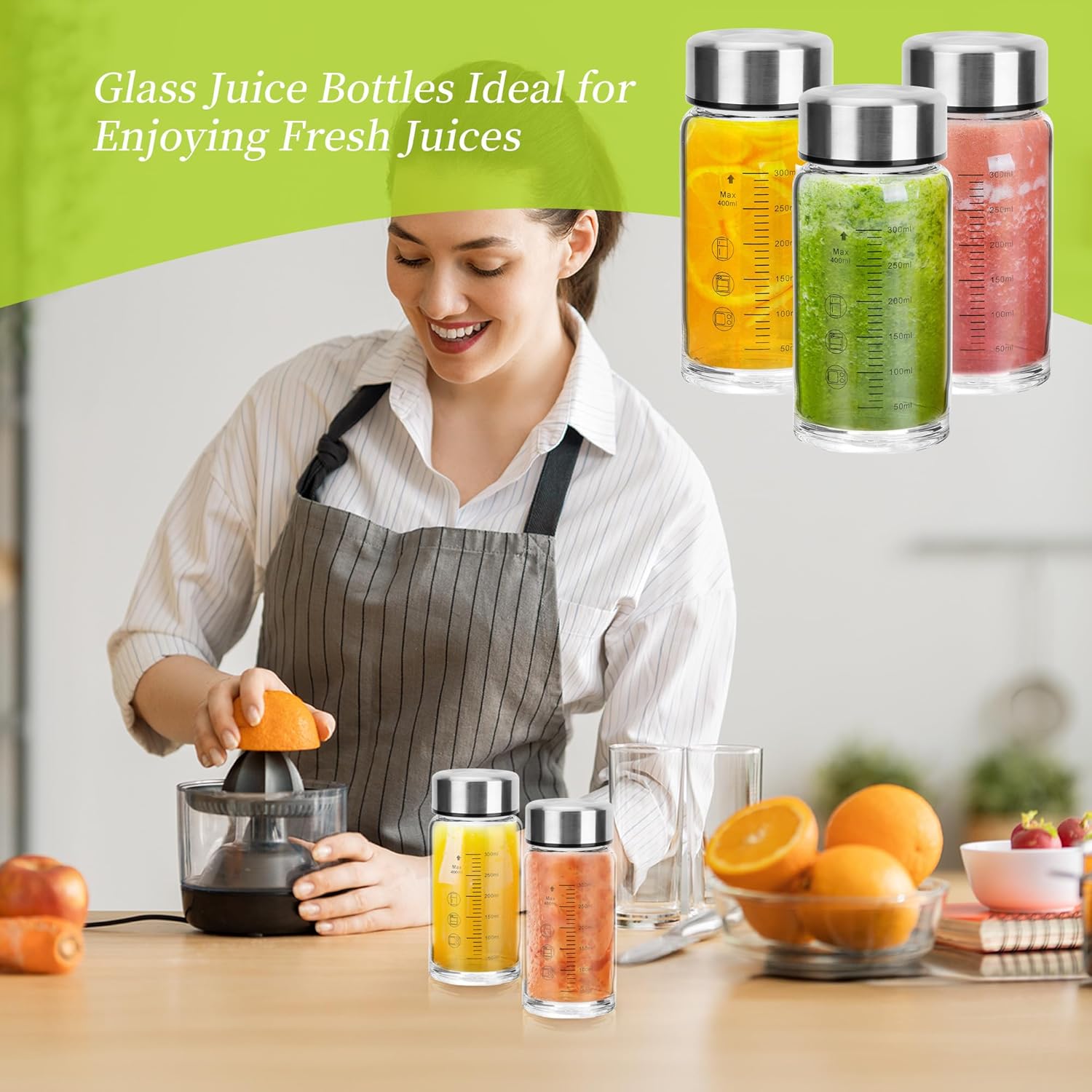 souG 4 Pack 14oz Juice Bottles，Wide Mouth Glass Water Bottles with Lids - for Juicing, Smoothies, Milk, Protein, BPA Free, Reusable, Stainless Steel Lids, Leak Proof, Shaker bottle (14oz/400ml) - Image 4