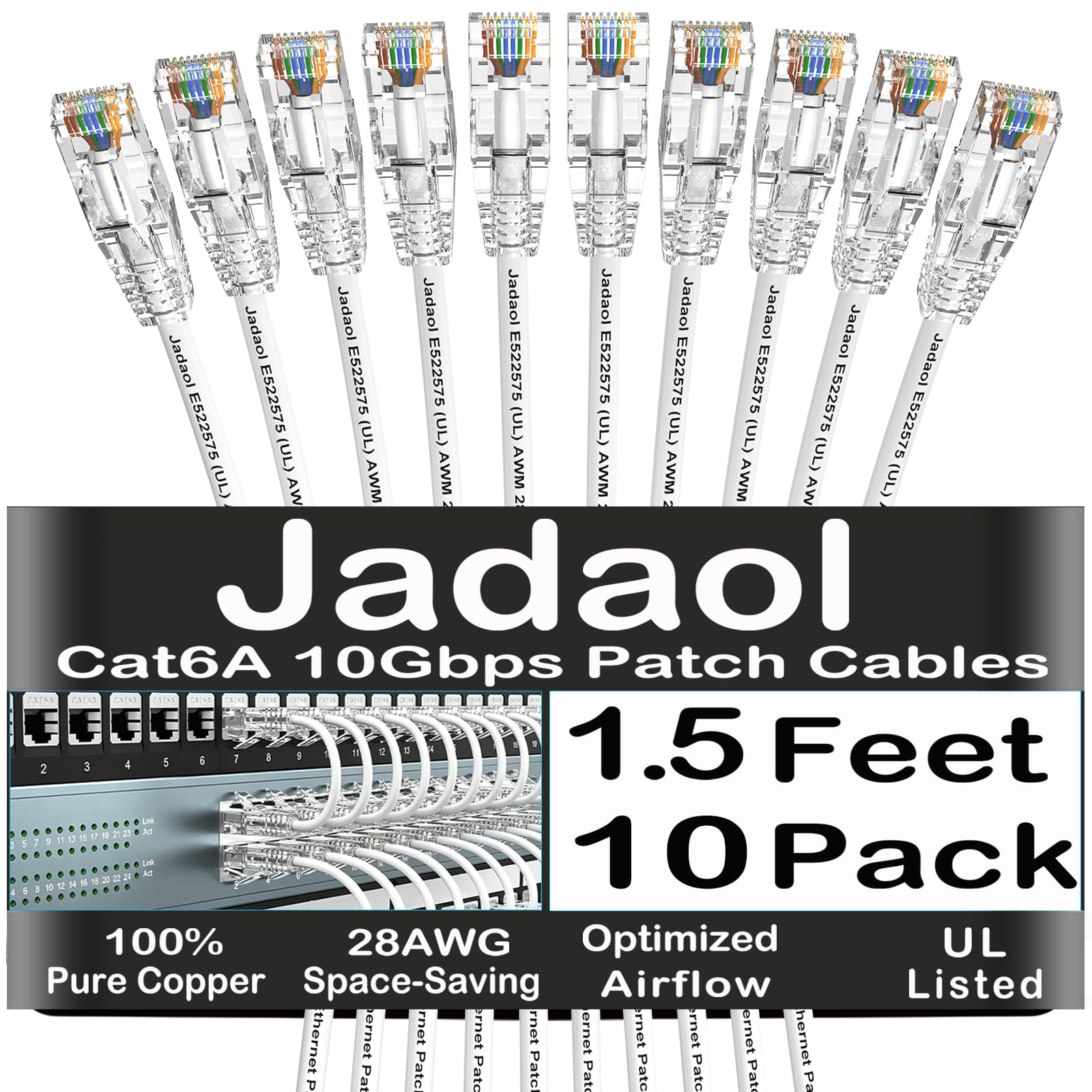 Jadaol [UL Listed Cat6A Patch Cavi 1.5FT (10Pack) 10Gbps 550MHz Bianco