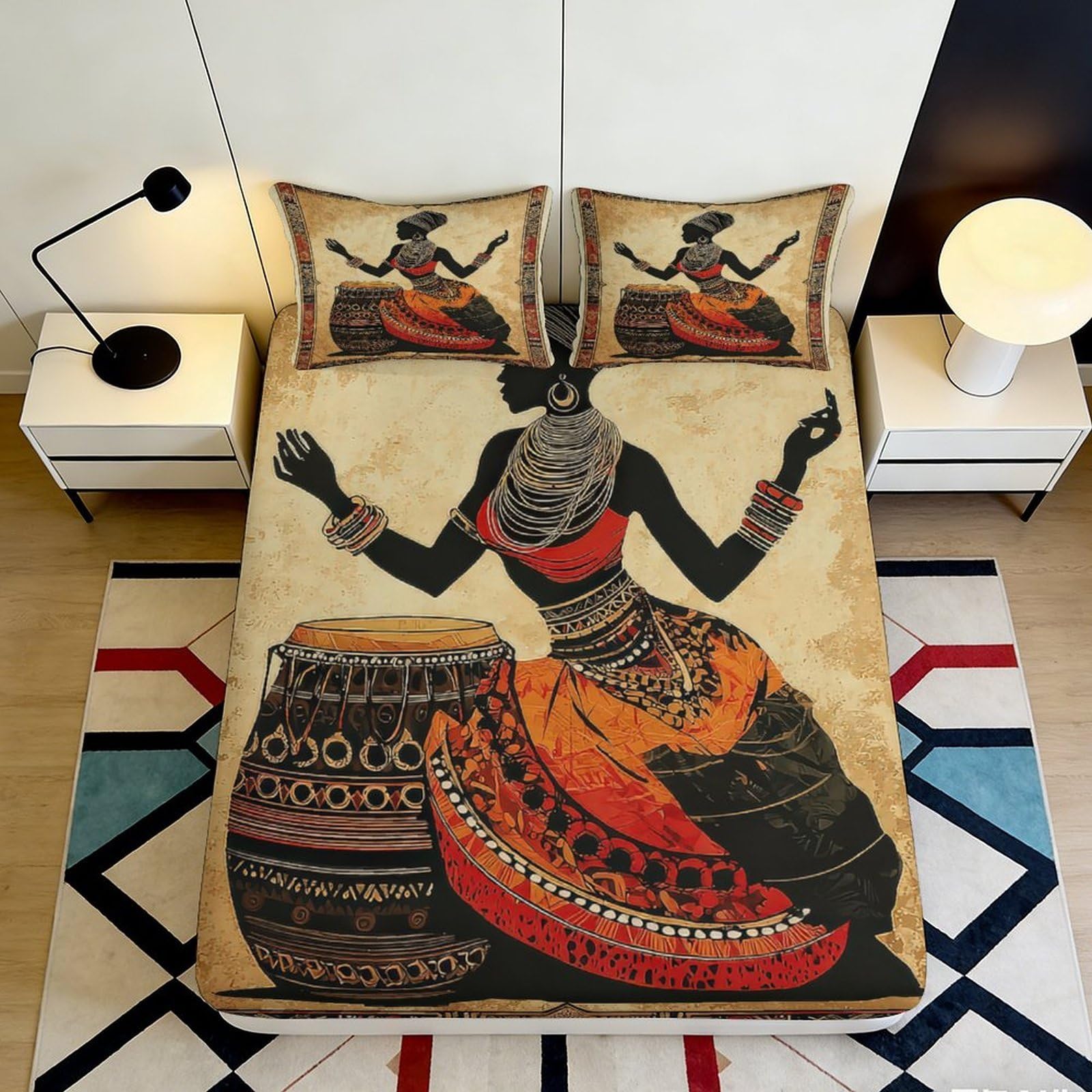 3D Printed African Drum Fitted Sheet Microfiber Soft Breathable Ethnic Woman Bed Cover for Bedroom Guest Room Decor 90x200x25cm