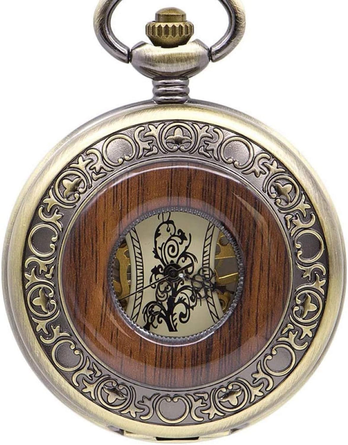 Vintage Solid Wood Mechanical Pocket Watch Chain Dial Hollow Steampunk Skeleton Men Women Clock Watches Pocket Watch for Family