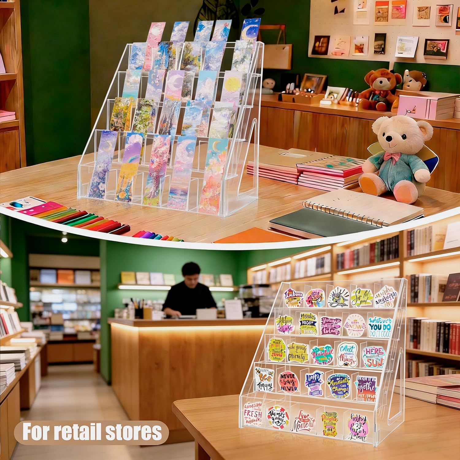 Acrylic Bookmark Display Stand with Divided Pockets, Portable Sticker Holder Tiered Display Stand, Clear Desk Organizer for Home, Retail or Craft Fair Use(25 Pockets, 5 Tier)