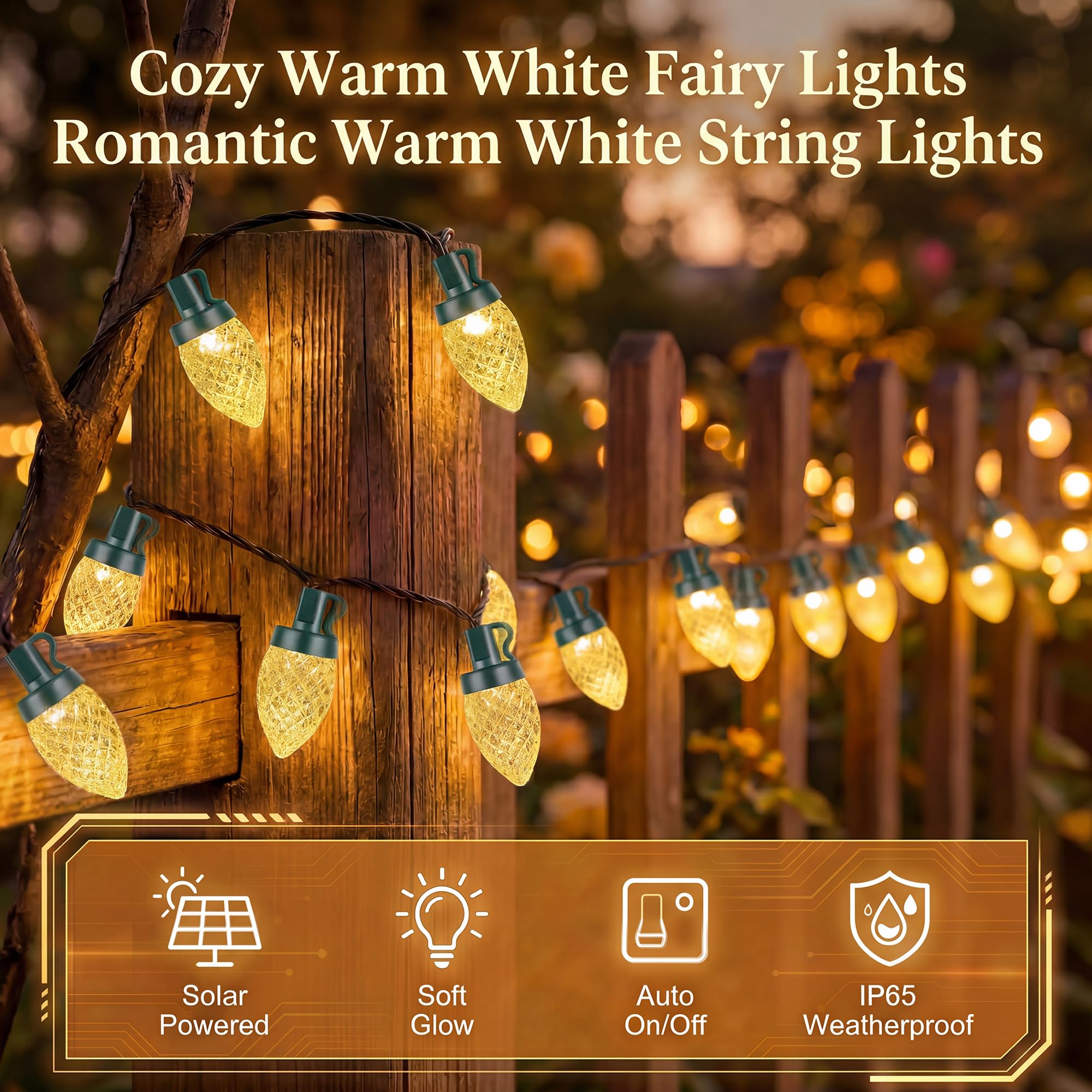 C9 - Guirnalda de luces LED de Navidad alimentadas por energía solar, 50 luces LED impermeables de fresa con 8 modos de iluminación de alambre verde para decoración de patio exterior, boda