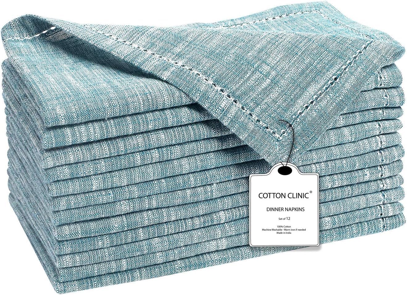 Cotton Clinic 12 Pack Farmhouse Style Slub Textured 18x18 Cloth Dinner Napkins, 100% Cotton for Everyday Use and Events - Soft and Durable Cocktail Napkins, Wedding Dinner Napkins, Teal Green