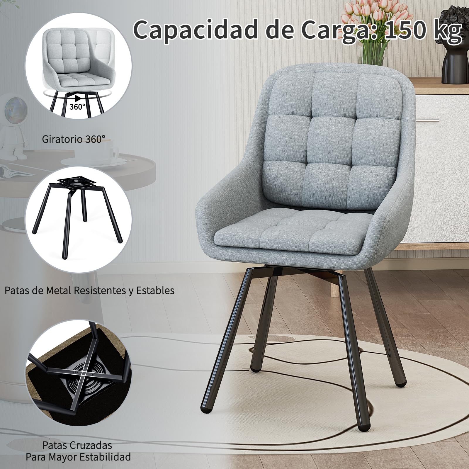 JIJIAN Juego de 4 Sillas de Comedor Giratorias 360° con Reposabrazos, Silla Acolchada con Patas Metálicas, para Salón, Cocina, Dormitorio y Estudio, Gris Claro