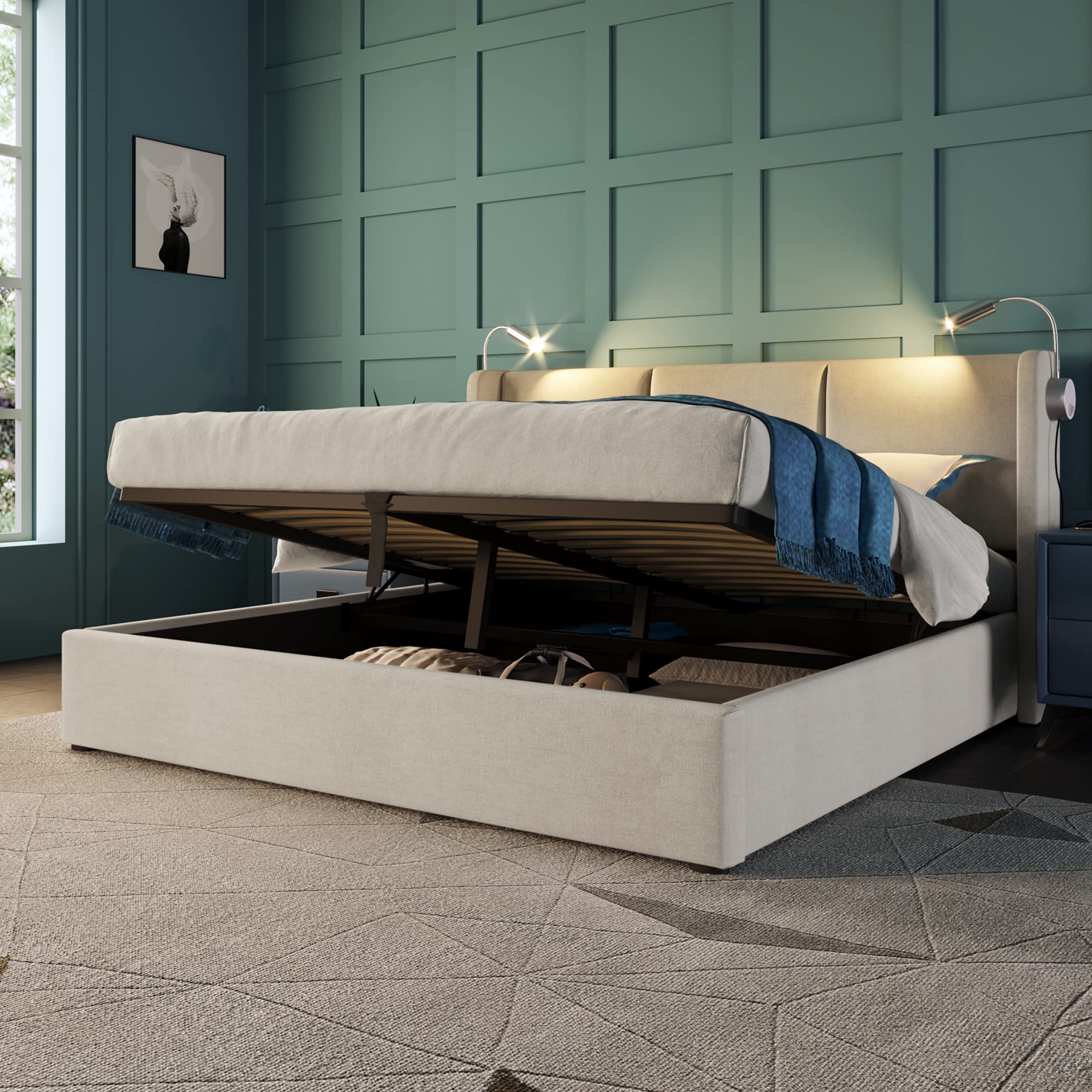 KAZZIO Cama tapizada para cama de matrimonio con espacio de almacenamiento, luz de lectura con función de carga USB, cabecero, estructura de cama de poliuretano, con somier (sin colchón) (beige, 140 x