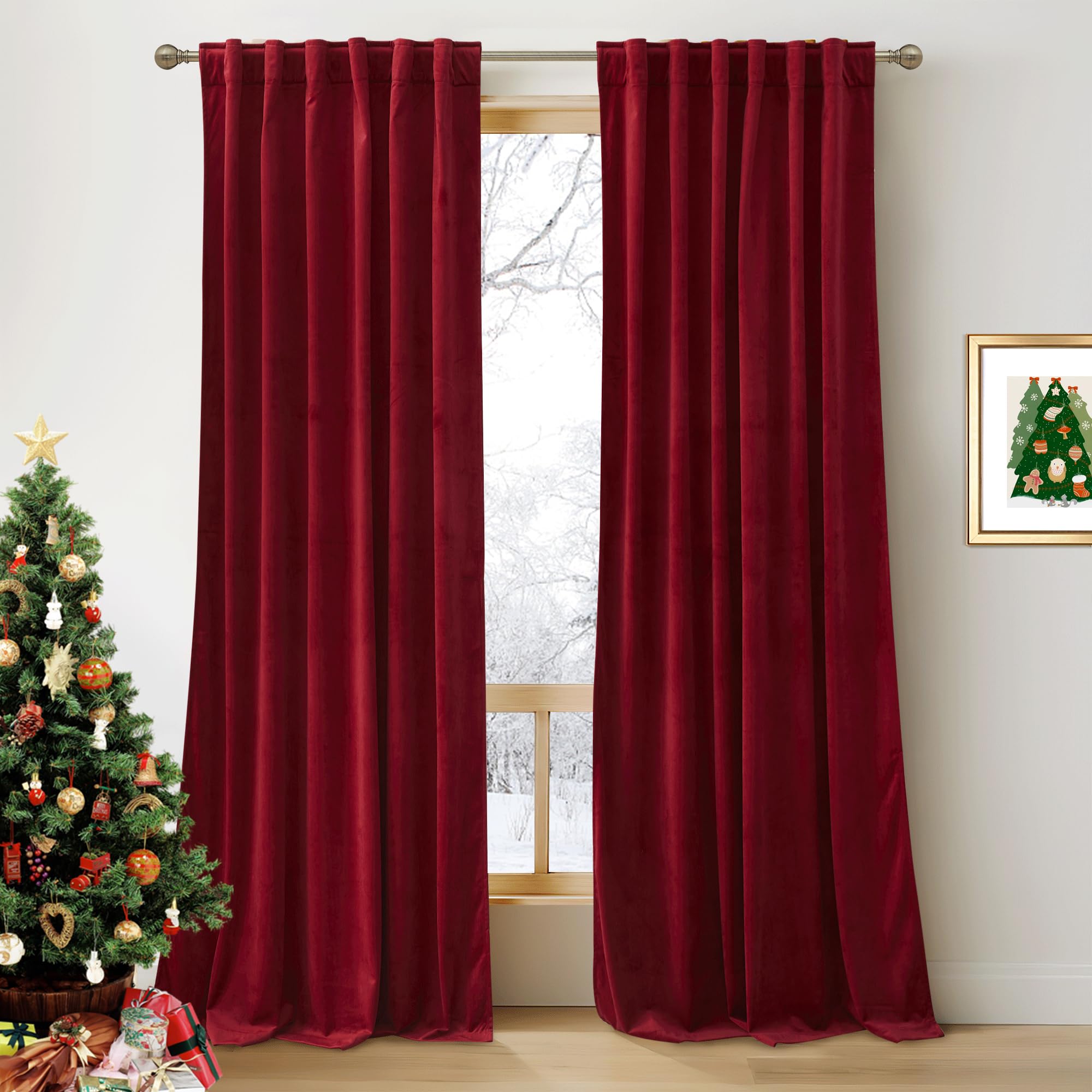 RYB HOME Red Velvet Curtains 84 inches for Bedroom - Light & Heat Block Back Tabs Window Treatment Energy Efficient Privacy Protection Drapes for