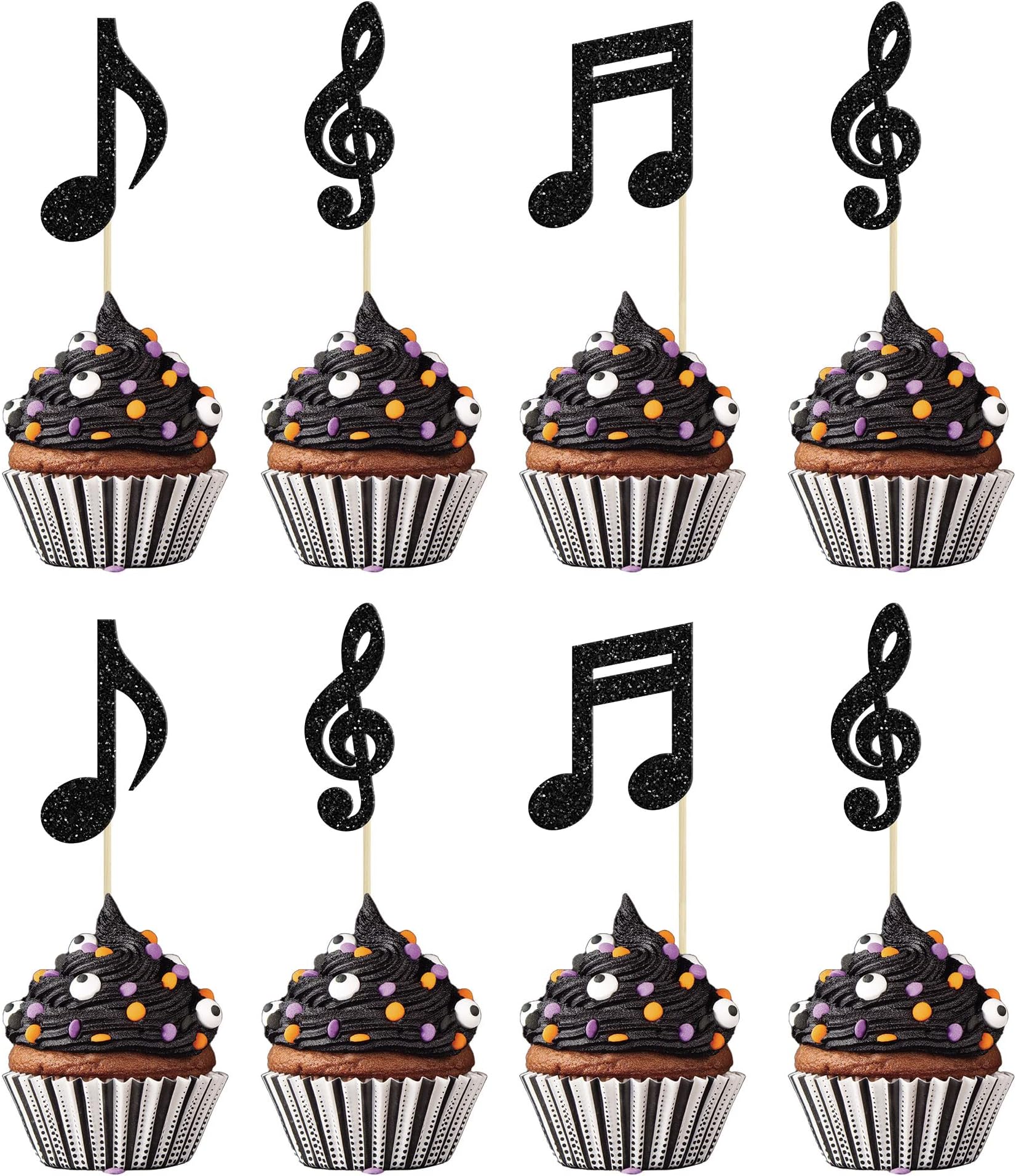 Gyufise 24Pcs Music Notes Cupcake Toppers Black Glitter Musical Symbol Cupcake Picks for Rock Music Concert Theme Baby Shower Wedding Birthday Party Cake Decorations Supplies