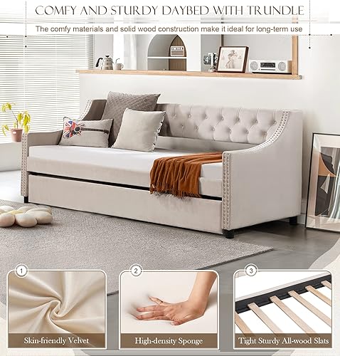 Miniatura 4 de Sofá cama tapizado de tamaño individual con nido, marco de cama de terciopelo con nido desplegable, sofá cama sólido con botón copetudo y cabeza de