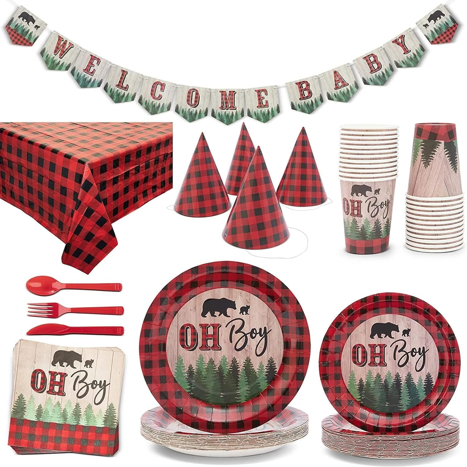 194-Piece Lumberjack Baby Shower Decorations for Oh Boy Buffalo Plaid Party Supplies, Dinnerware, Tablecloth, Hats, Banner (Serves 24)