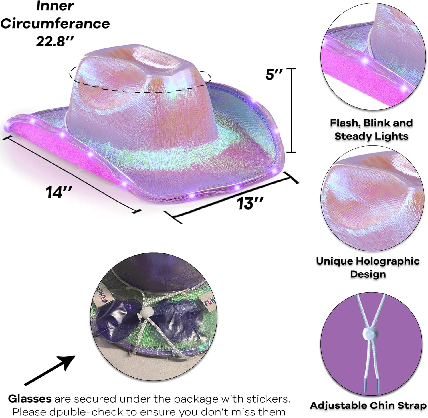 Funcredible Purple Light Up Cowgirl Hat - Shiny Cowboy Hat with Heart Glasses - Perfect for Space Cowgirl Outfit, Disco Cowboy Outfit, and Rodeo Costumes - Image 2