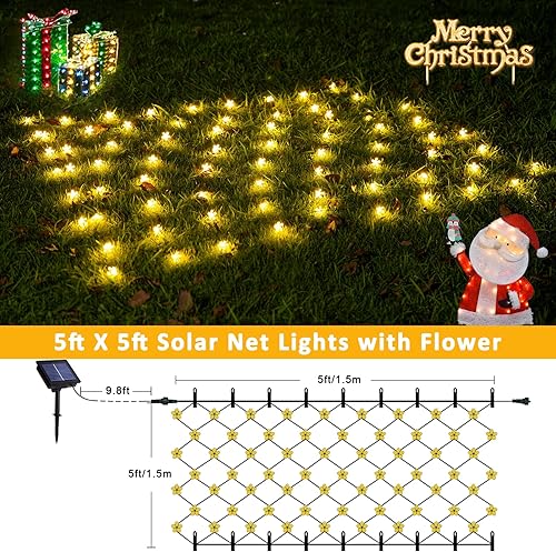 Miniatura 2 de JMEXSUSS Luces solares de red con flores impermeables para exteriores, 5 x 5 pies, luces solares de malla para exteriores, 8 modos de luces de