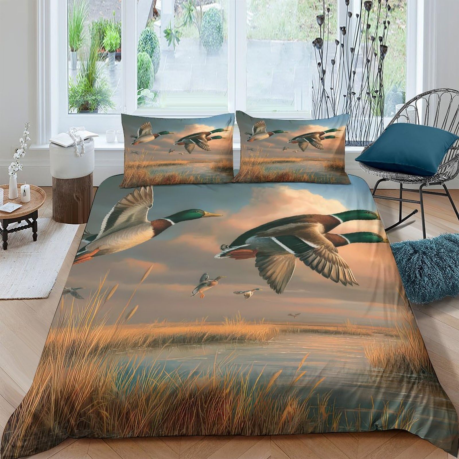 Ctjqhvkz Style-10 3D Printed Wild Duck Fitted Sheet Microfiber Soft Autumn Wetland Bed Cover For Bedroom Guest Room Decor Protection Single（135X200cm）