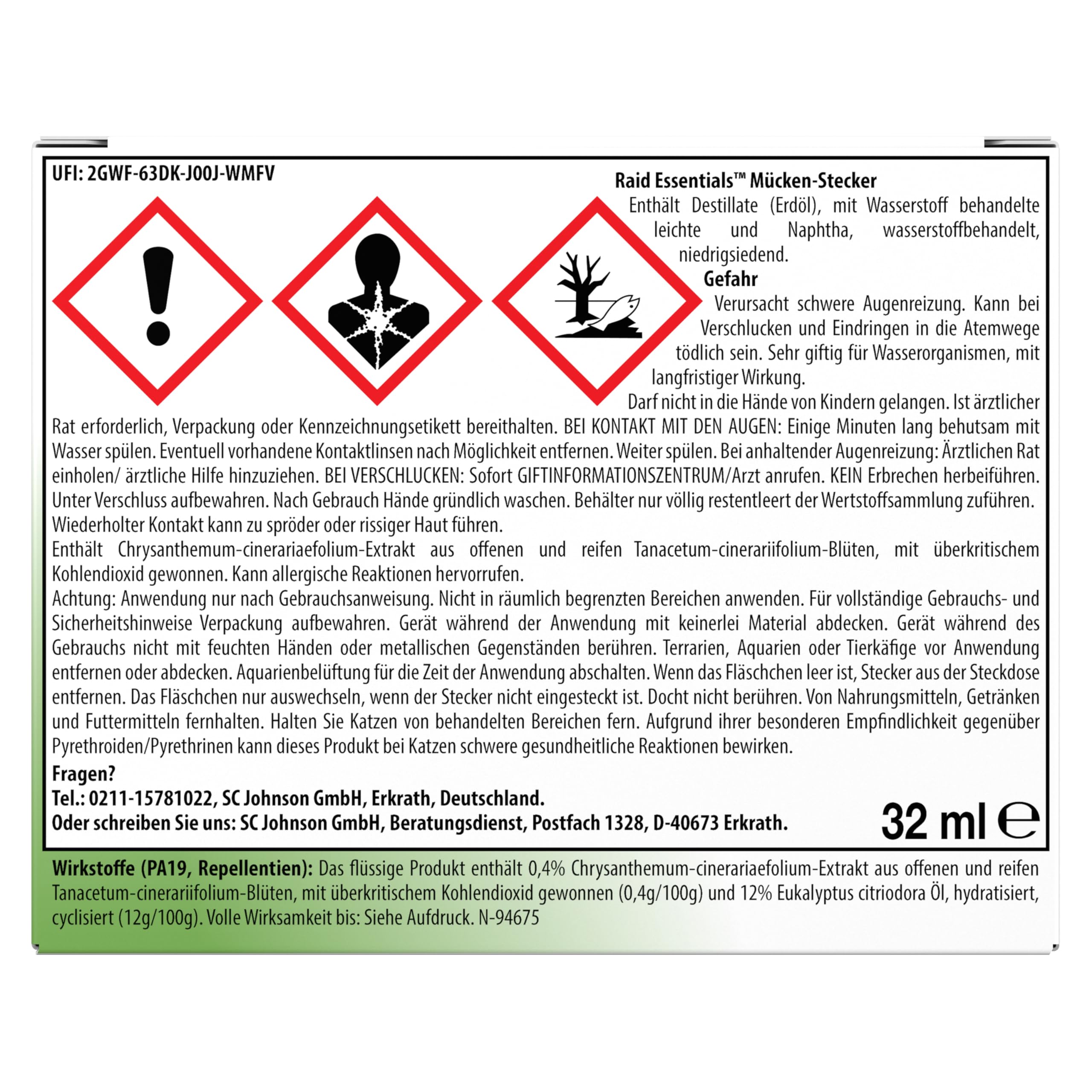 Raid Essentials Mückenstecker 45 Nächte, Elektrischer Insekten-Schutz vor Mücken & Tigermücken, 6er Pack (6 x 32 ml)