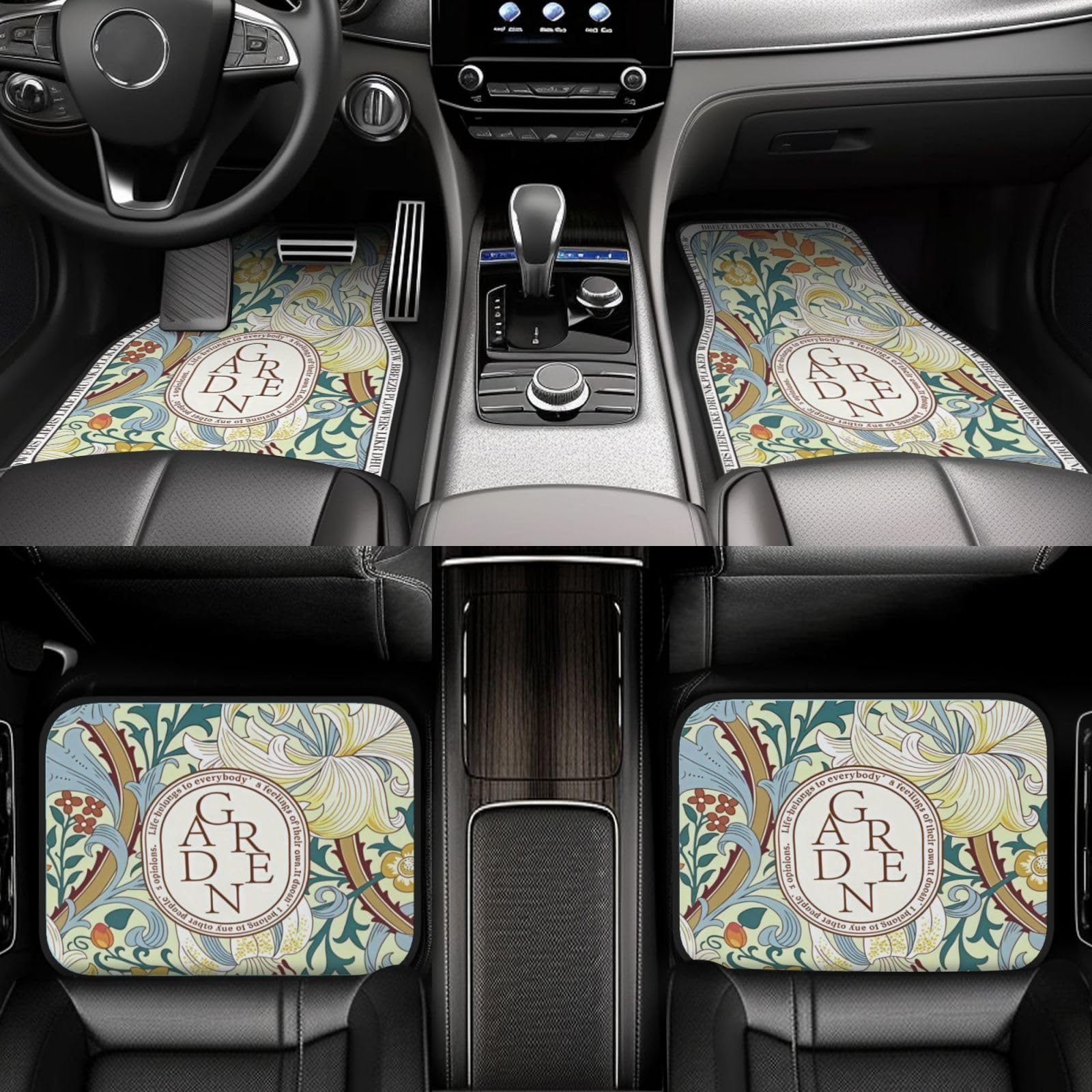 Artistic Fabric Car Floor Mats-Non-Slip Rubber Backing Vintage Flowers Front Rear Set-Water Absorbing Durable Automotive Floor Mat Rug — view 7