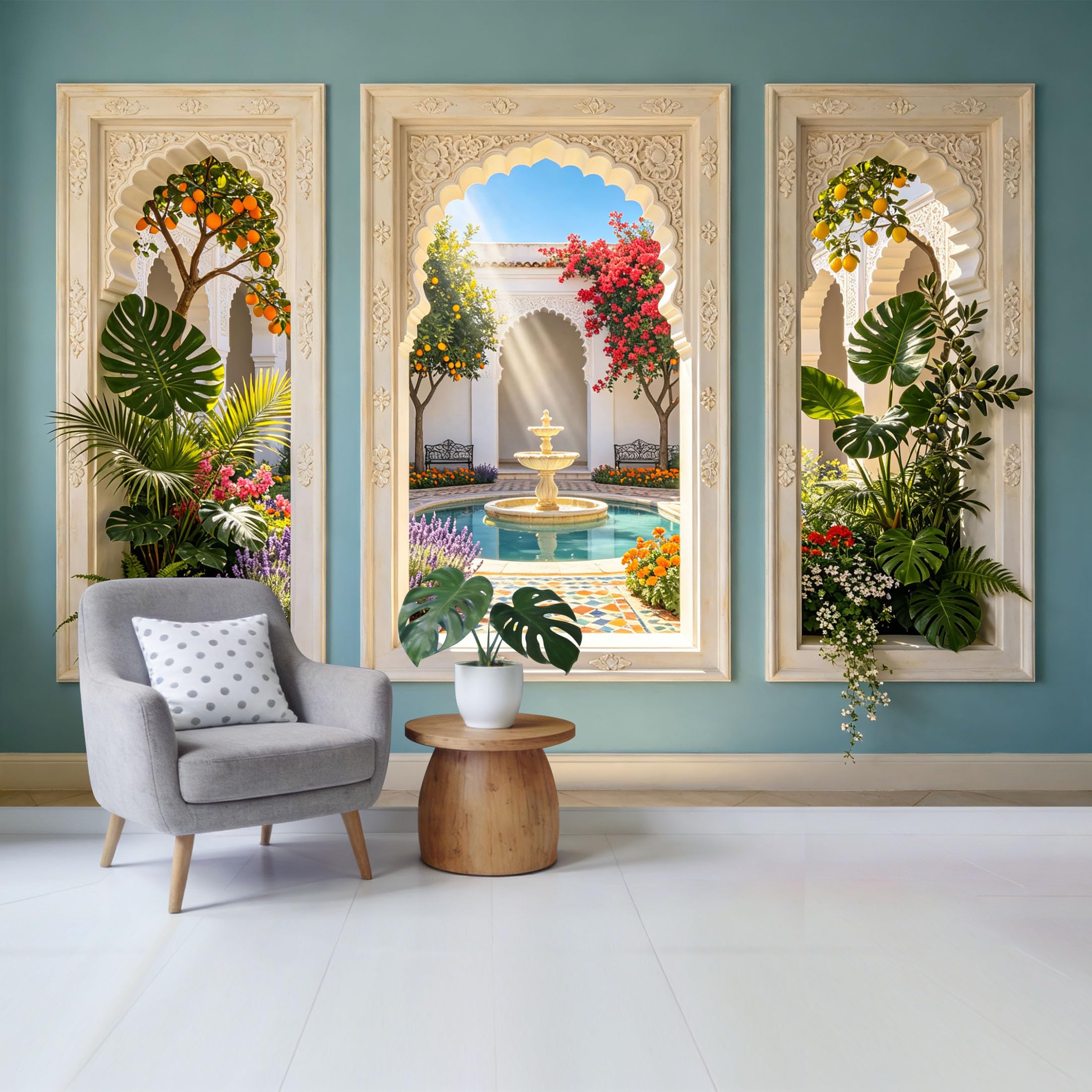 Removable Self Adhesive Fabric Mural， Mediterranean Courtyard Fountain Custom Size Wall Covering， UV Protected Waterproof Washable Wall Decor for Living Room Bedroom Bathroom
