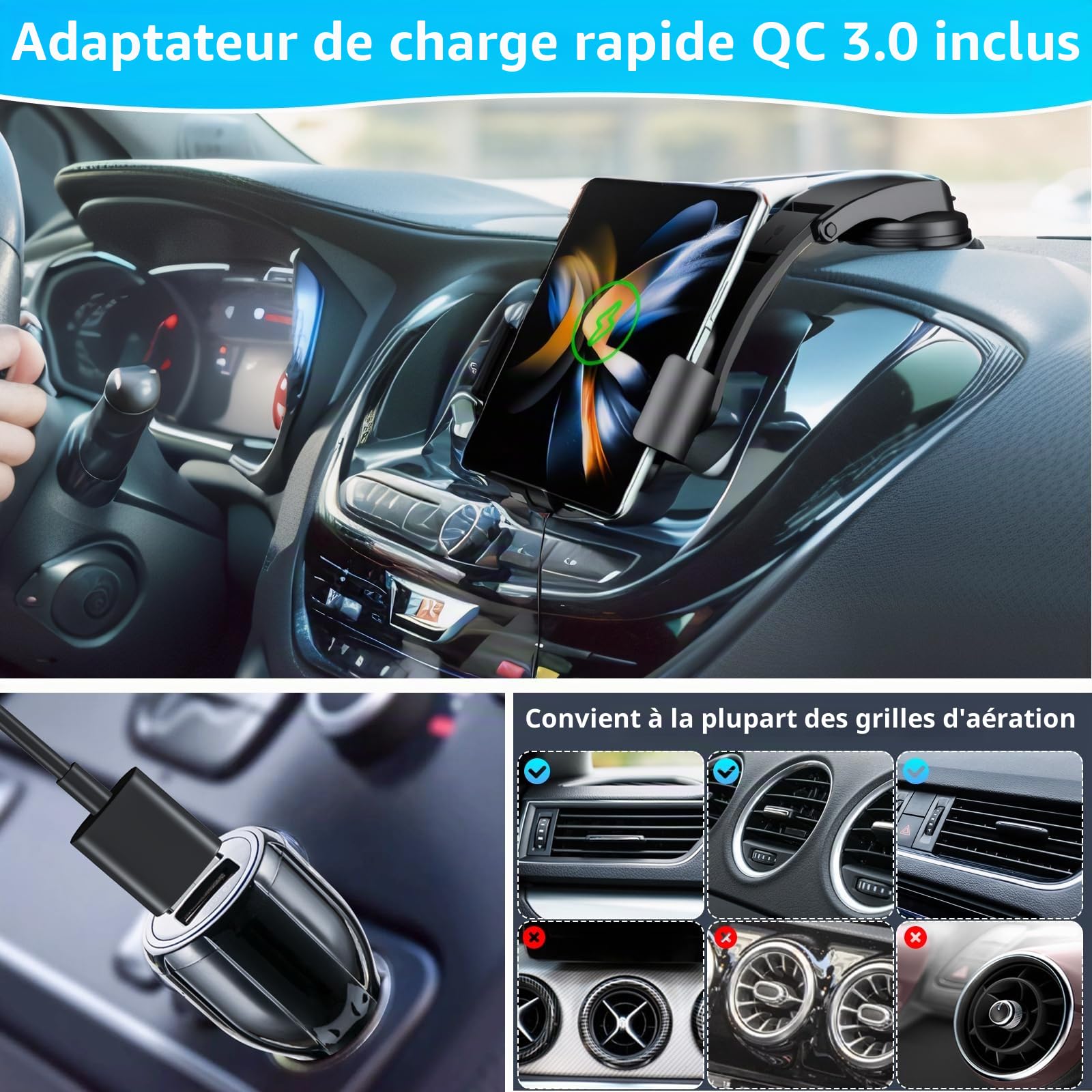 Dual Coils Support de téléphone portable sans fil 15 W avec fonction de charge à induction automatique Qi Chargeur de voiture sans fil pour Samsung Galaxy Z Fold 6/5/4/3 USB QC 3.0