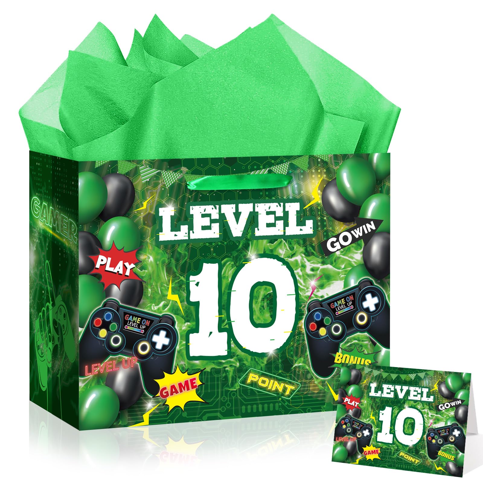 LUUFILx Video Game 10th Birthday Gift Bags Green Gamer 10th Birthday Wrapping Bag Swith Handle Gaming Level Up 10 Goody Bag with Tissue Paper Greeting