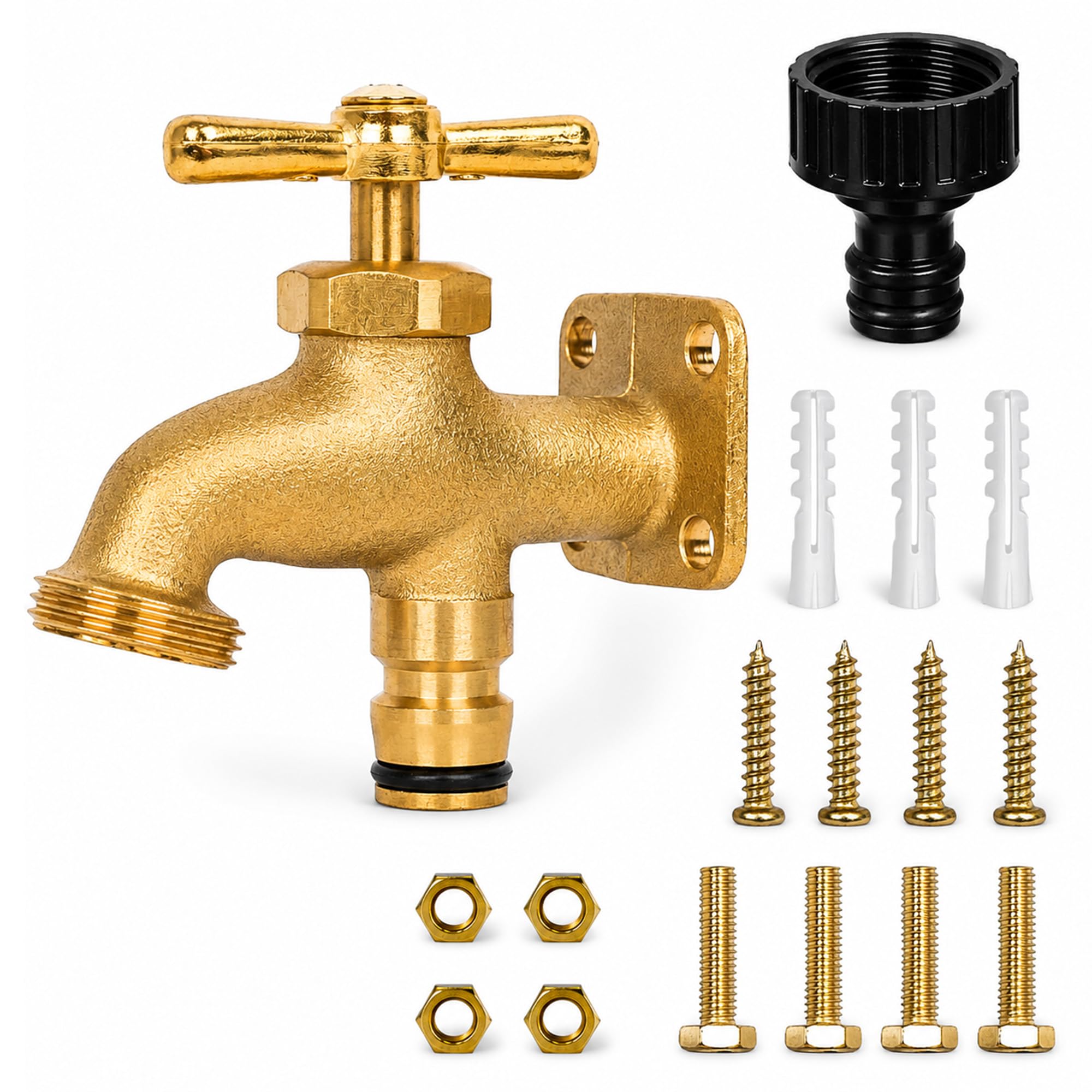NAVOYS Brass Anywhere Tap Wall Mounted Garden Tap with Hose Connector, Fixing Screws, Wall Plugs, Nuts & Bolts, Outdoor Water Tap for Garden, Yard, Garage & Utility Areas
