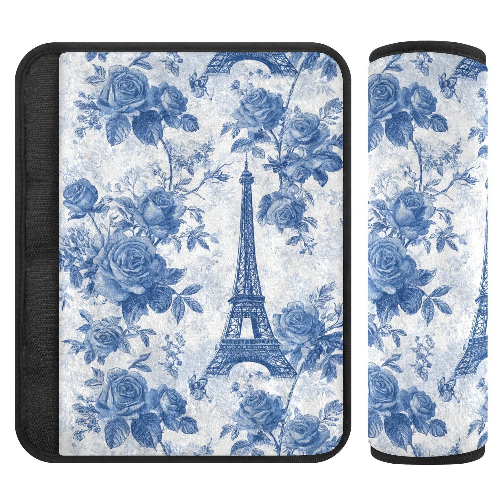 2 Pack Seatbelt Covers Seat Belt Cover Pad for Adults Boys Girls Car Seat Strap Covers Pads Cushion Universal Shoulder Strap Pad Protector for Backpack Camera Bag 6.5 Inch Blue Roses and Eiffel Tower