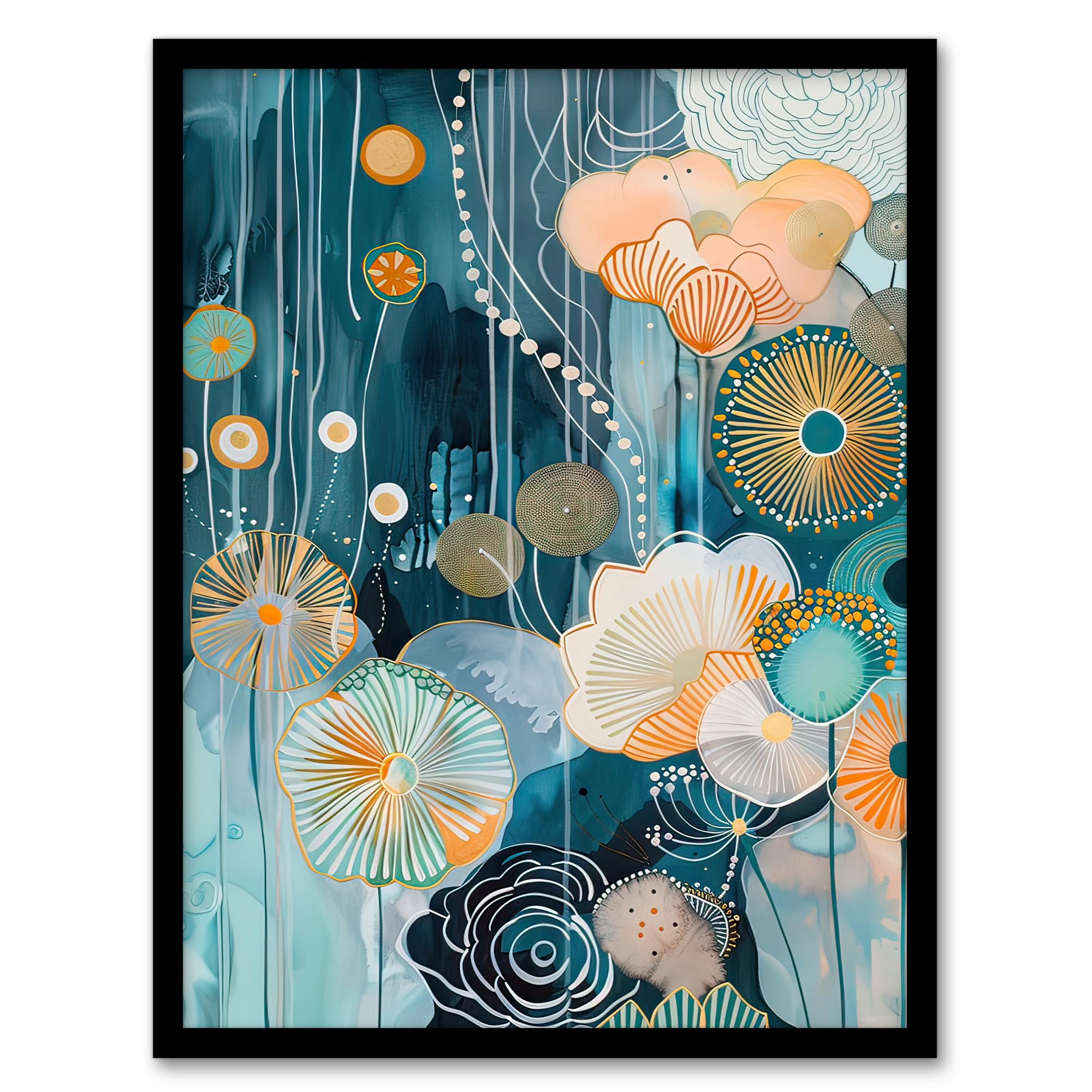 Artery8 Abstract Ocean Flower Garden Artwork Floral Sea Living Room Artwork Framed Wall Art Print A4