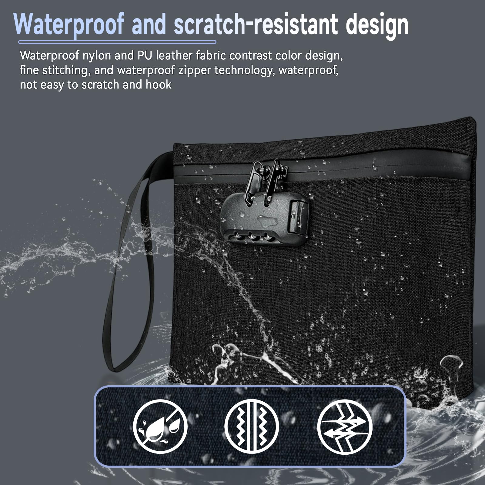 Portafoglio impermeabile 32 x 19 cm, con chiusura a combinazione, fodera in carbonio, custodia a prova di odori, protegge contanti, passaporto, documenti importanti, certificati, nero