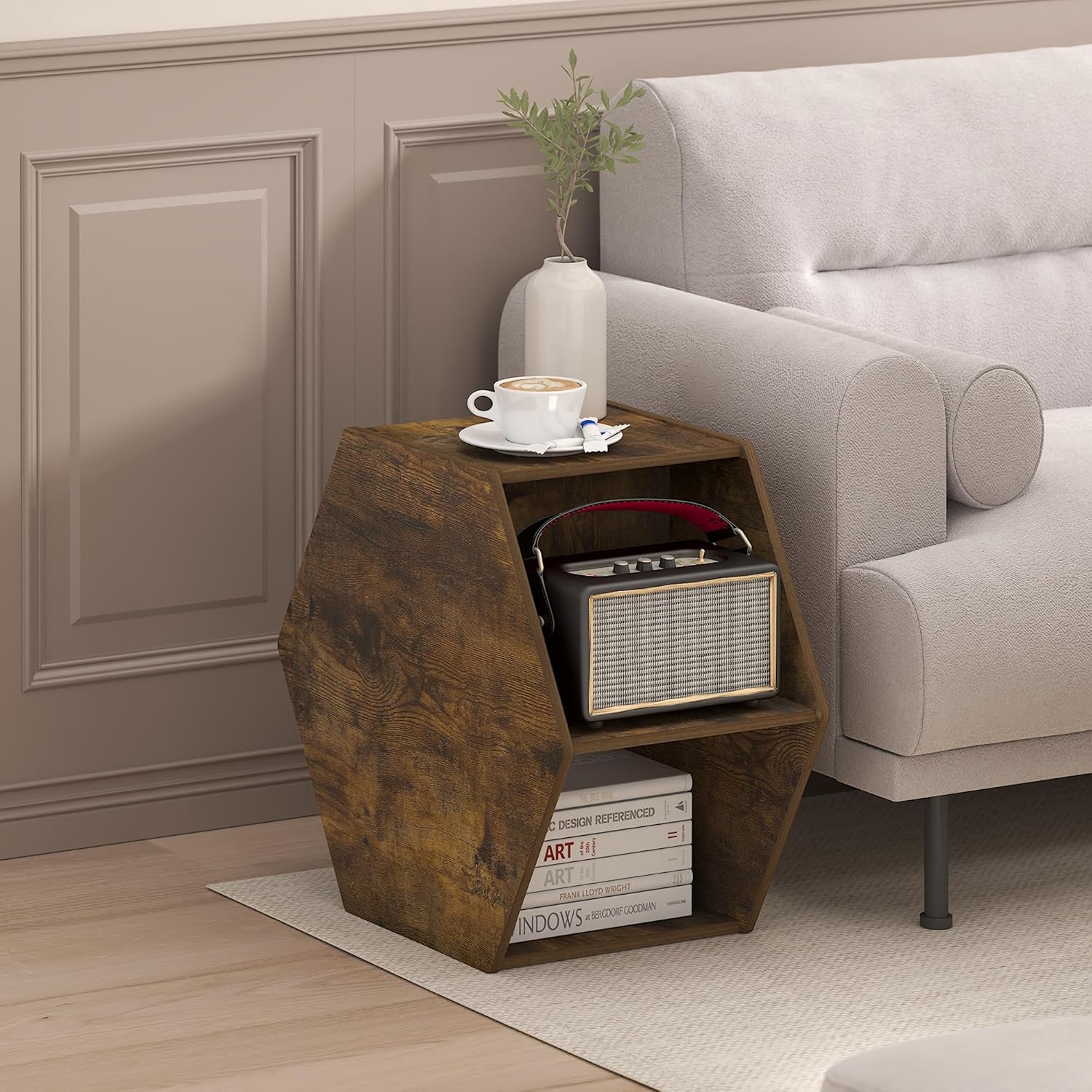 Furinno Simple Design Coffee Table, Hexagon Modern Coffee Table with Open Shelf, Vertical or Horizontal Side Table, for Living Room, Bedroom, Home Office, Amber Pine