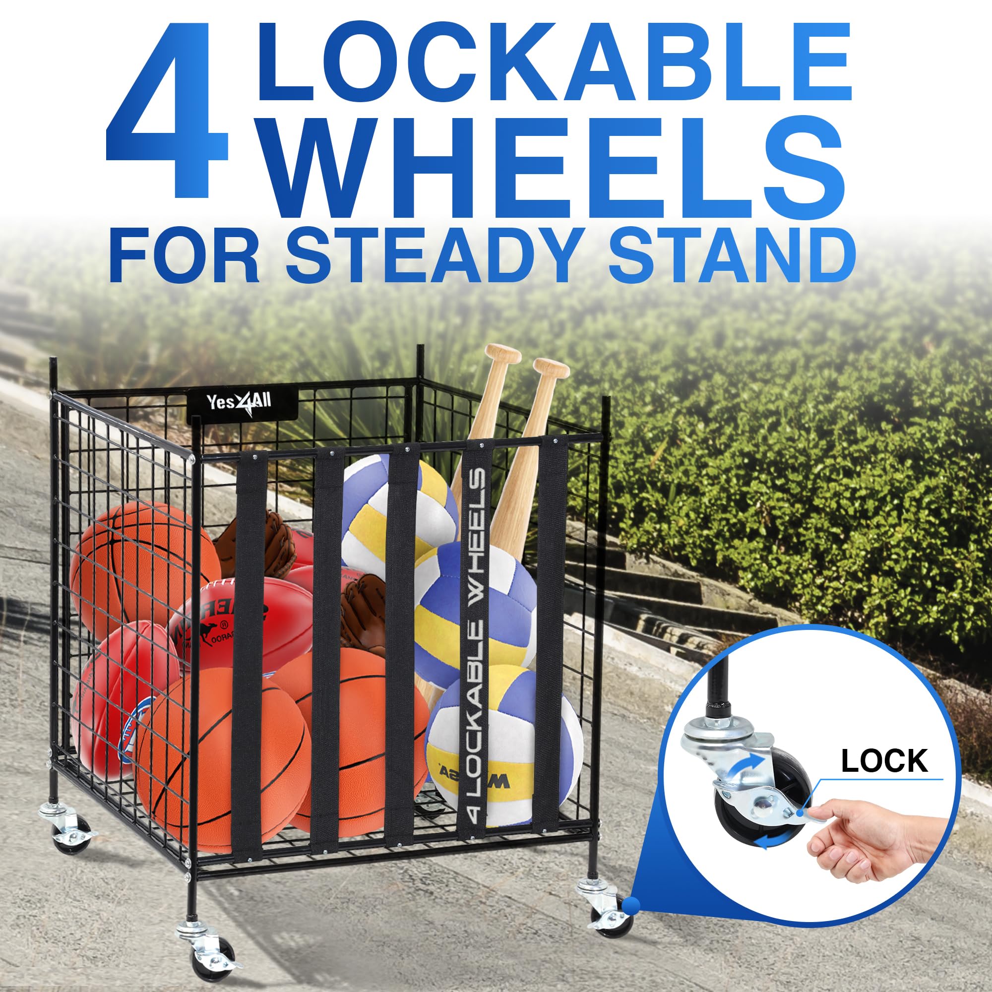 YES4ALL Carrito de Pelotas Enrollable con Ruedas con Cerradura, Soporte para Voleibol, Pelotas de Juguete, Jaula de Garaje, estanterías de Almacenamiento, Organizador de Equipo Deportivo, estantería