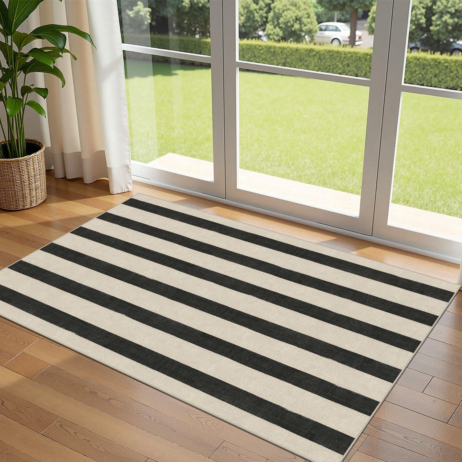 Othilic Black and White Striped Entry Rug - 3x5 Ft Washable Indoor Outdoor Front Door Mat Outside Entrance Front Porch Mat Non-Slip Floor Carpet for Bedroom Entryway Kitchen Office Porch Decor