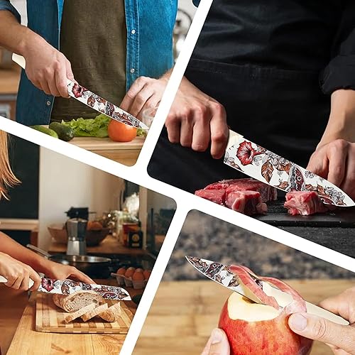 Miniatura 7 de Marco Almond Juego de cuchillos de cocina de diseño artístico, 6 cuchillos de cocina de acero inoxidable con 6 protectores de cuchillas, regalos