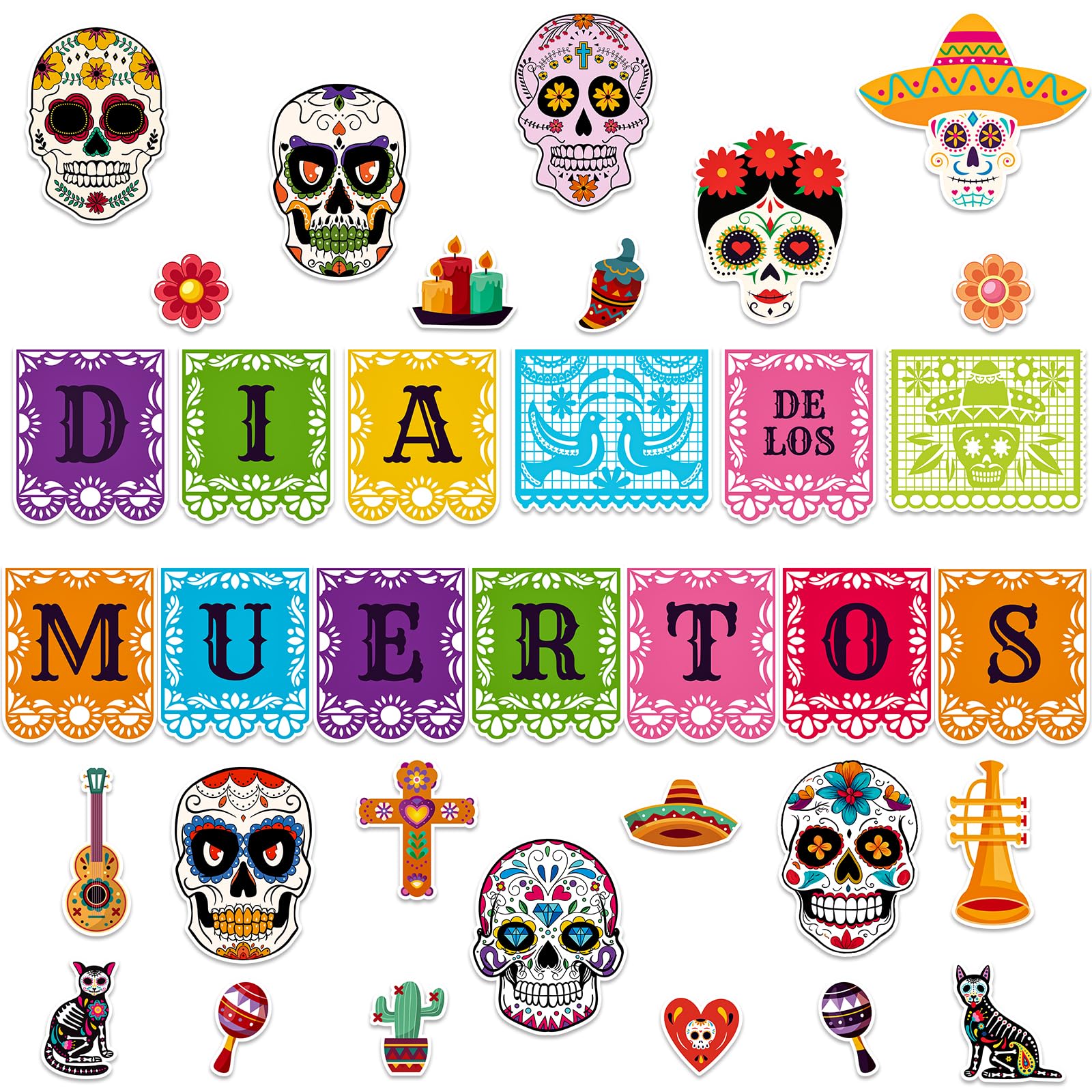 JUESMOS Day of The Dead Decorations Sugar Skull Cutouts Halloween Decor Dia De Los Muertos Colorful Skull Cutouts for Kids Students Classroom Bulletin Board Wall Decor Mexican Fiesta Party Supplies
