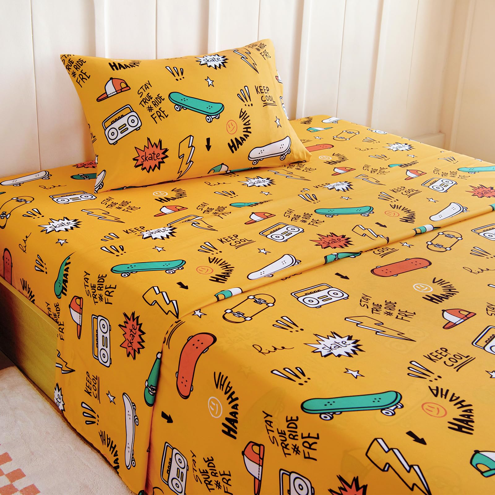 Twin Sheet Set Kids - Skating 3 Pieces Soft Microfiber Cartoon Style Bedsheets for Boys Girls Teens, Oeko TEX Breathable 15 Inch Deep Pocket Sheets(Street)