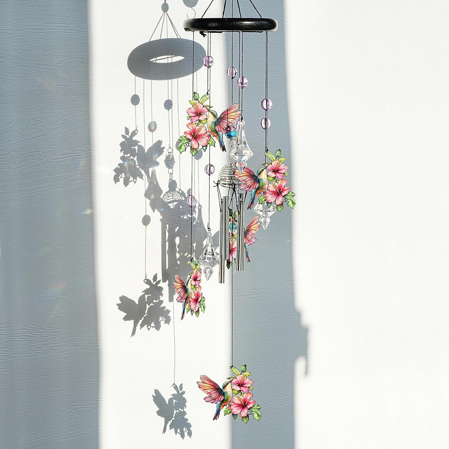 YU FENG Hummingbird Wind Chimes with Crystal Suncatcher – 27 Inch Memorial Wind Chime for Outdoor Garden Decor, Pink Hummingbird Gifts for Women/Mom/Grandma, Durable Metal Windchimes for Yard/Patio