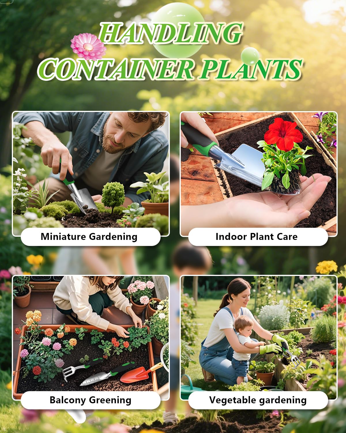 Juego de 3 herramientas de jardín, juego de herramientas de jardín de aluminio fundido resistente con paleta de mano, paleta de trasplante, rastrillo cultivador, mango ergonómico antideslizante de