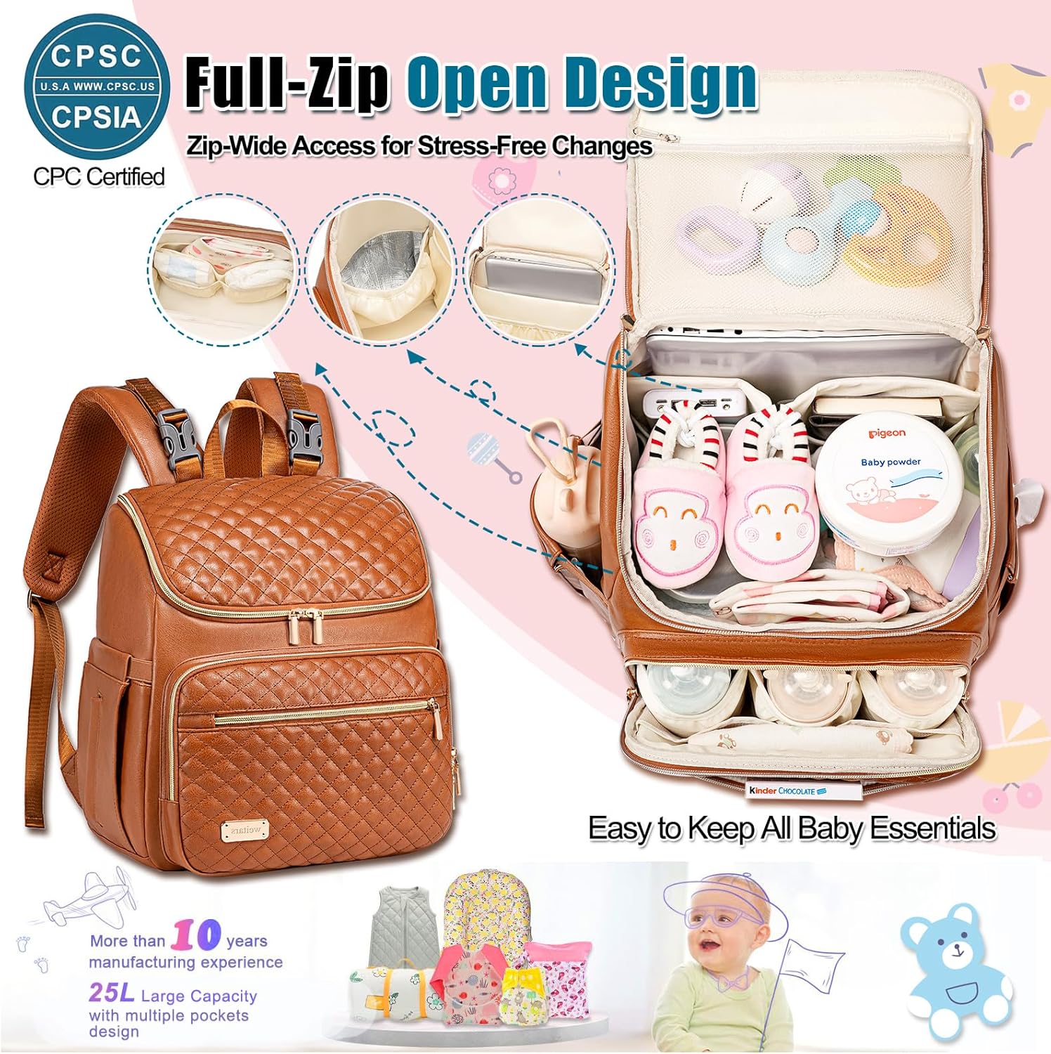 Weitars Diaper Bag Backpack Leather Baby Diaper Bag with Changing Pad Travel Diaper Backpack,Baby Bag for Mom,Stroller Straps,5 Insulated Pockets (Brown Leather) - Image 4