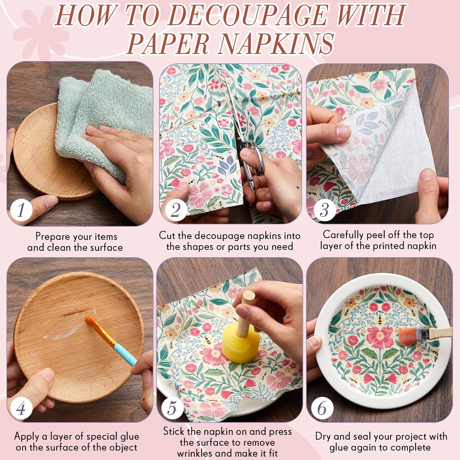 Crtiin 40 Pack Decoupage Napkins Assorted Floral Decorative Decoupage Napkins Cocktail Paper for DIY Crafting Birthday Party, Each Unfolded 13 Inch (Soft Floral)