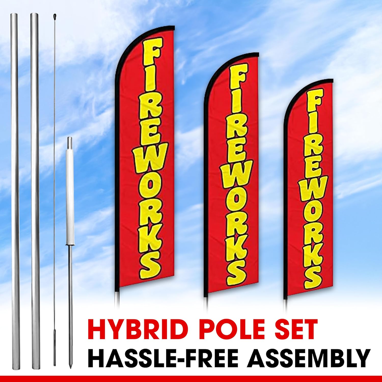 Fireworks Windless Banner Flags – Red Design, Pack of 2 | 3 ft x 11.5 ft Outdoor Advertising Signs | Weatherproof Polyester (With Complete Hybrid Pole Set)