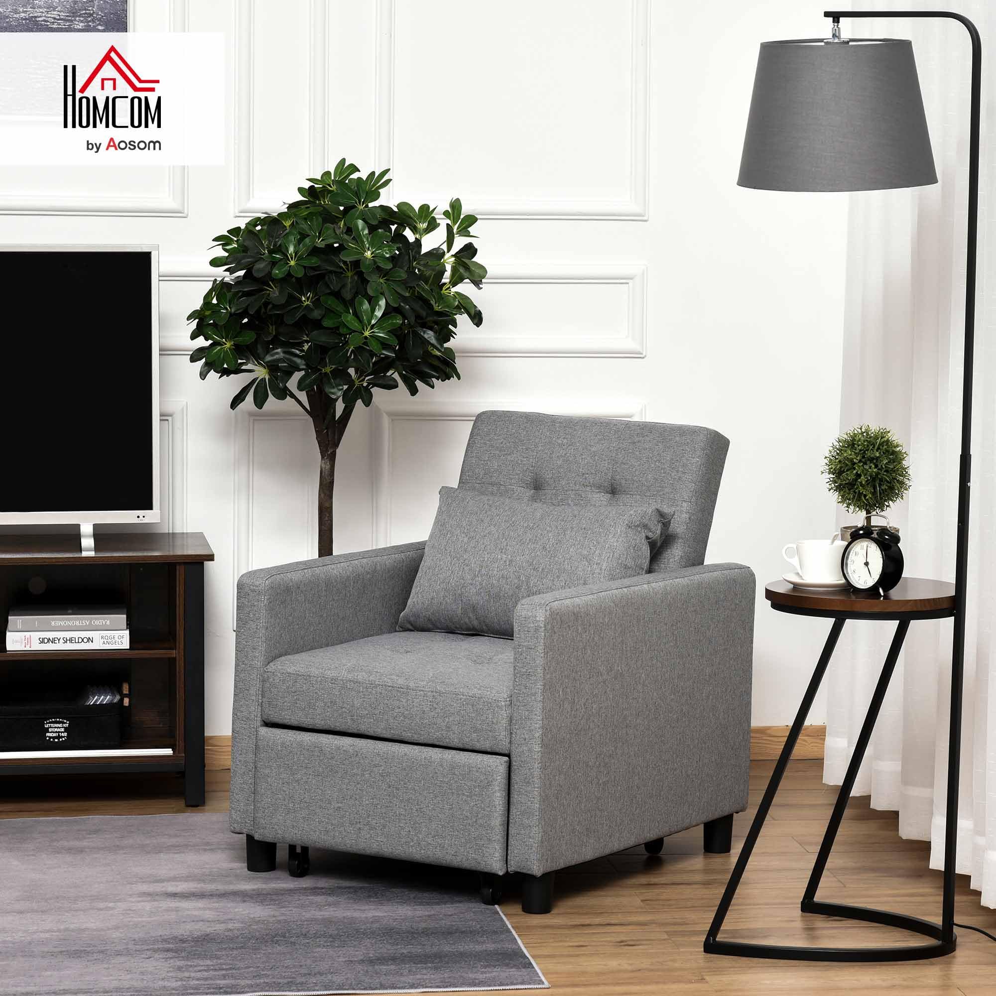 HOMCOM Sofá Cama de 1 Plaza 3 en 1, Sillón Cama Tapizado en Lino, con Respaldo Ajustable de 3 Niveles, Almohada Acolchada, para Oficina, Dormitorio, Salón, 69x82,5x84 cm, Gris