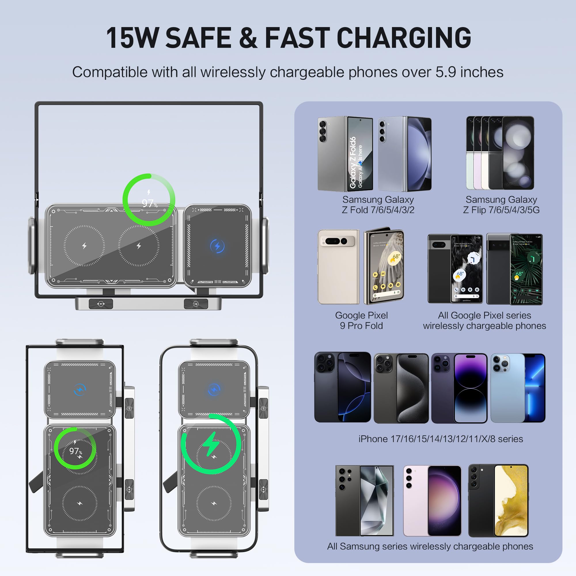 Soporte de teléfono para coche para Samsung Galaxy Z Fold 7/6/5/ Z Flip S25 S24 S23 XIAOMI 17 15 iPhone 17, cargador inalámbrico Qi rápido de doble bobina, cargador inalámbrico con rotación automática