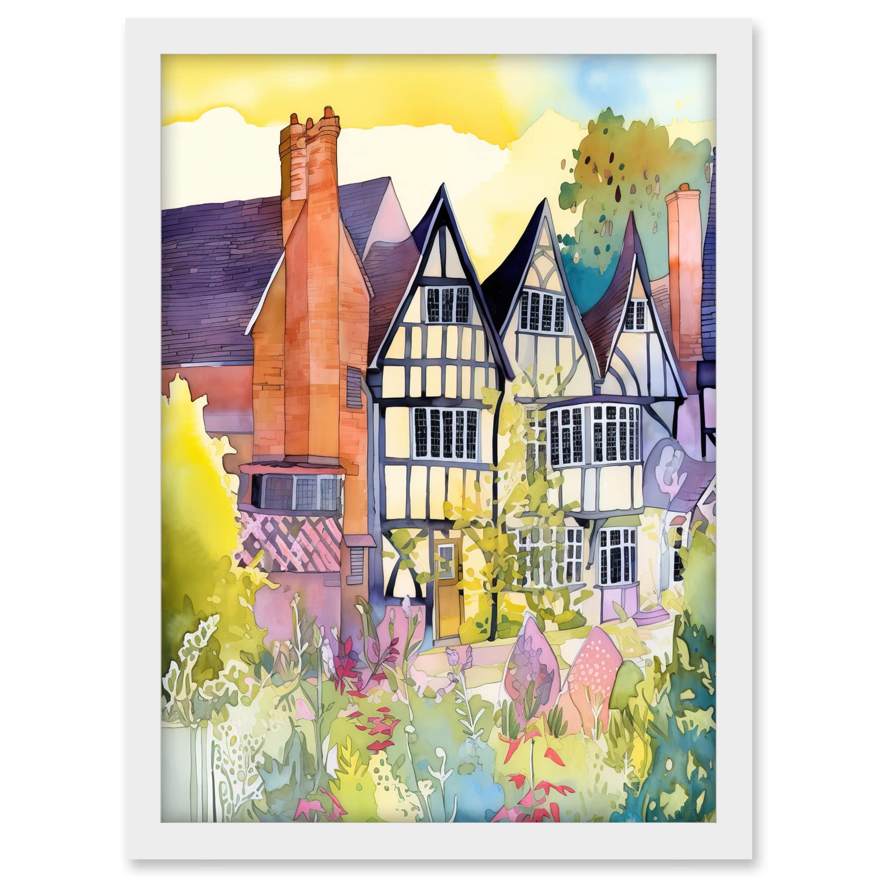 Artery8 Sunrise Over Tudor Houses and Spring Blossoms Modern Watercolour Painting Artwork Framed A3 Wall Art Print